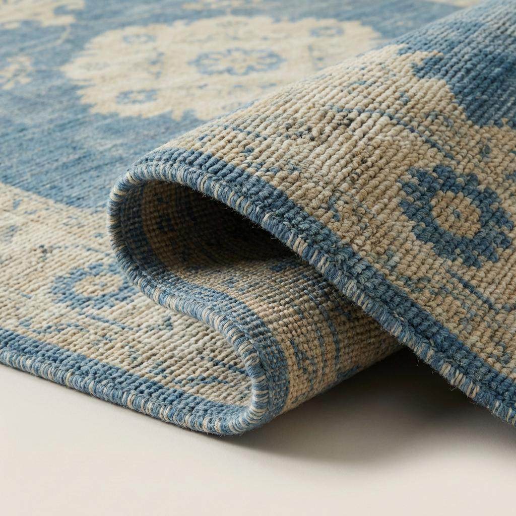 Close view of hand knotted wool pile showing individual knots, natural fiber texture, and subtle vintage abrash color variation