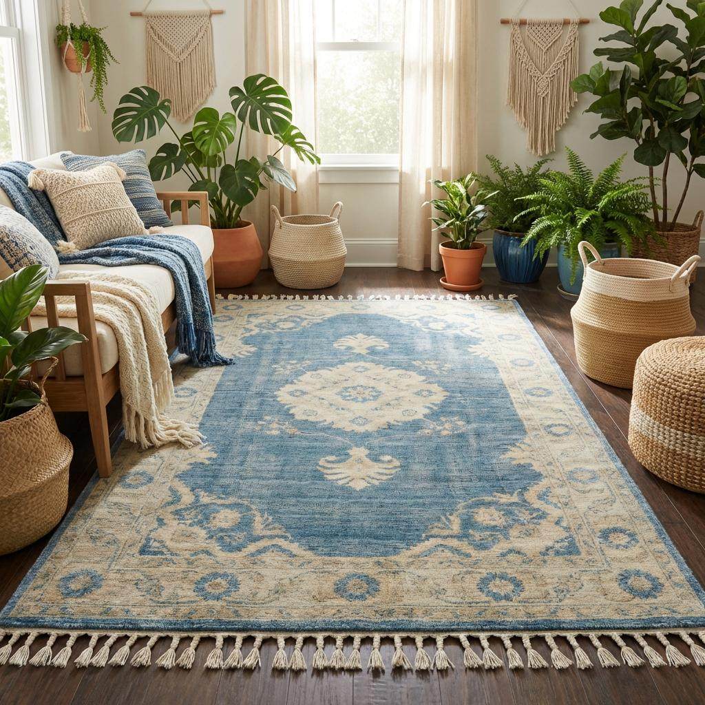 Neutral vintage blue wool rug styled in airy sunlit interior with minimalist furniture