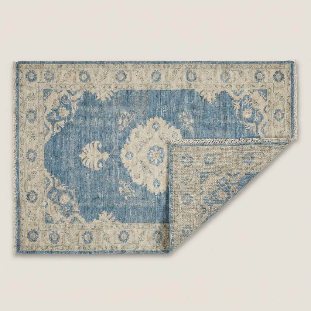 Hand Knotted Oushak Wool Rug 6x9 8x10 9x12, Vintage Blue Medallion Area Rug, Soft Turkish Style Living Room Carpet, Handmade Floral Rug