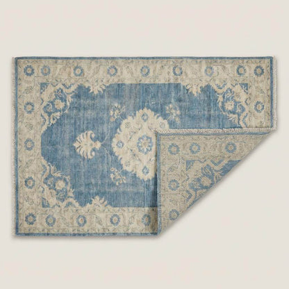 Hand Knotted Oushak Wool Rug 6x9 8x10 9x12, Vintage Blue Medallion Area Rug, Soft Turkish Style Living Room Carpet, Handmade Floral Rug