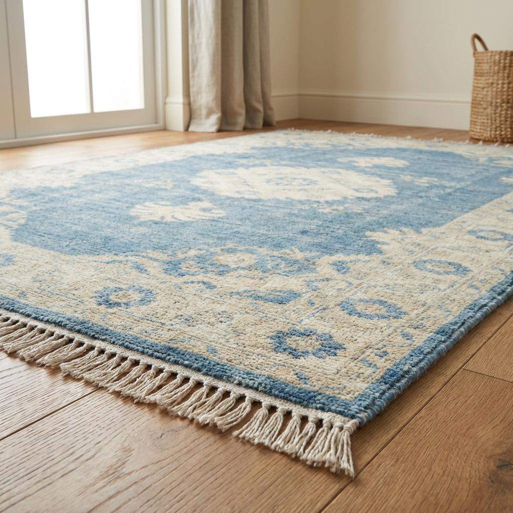 Hand Knotted Oushak Wool Rug 6x9 8x10 9x12, Vintage Blue Medallion Area Rug, Soft Turkish Style Living Room Carpet, Handmade Floral Rug