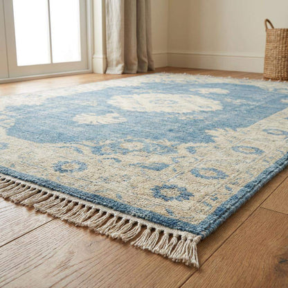 Hand Knotted Oushak Wool Rug 6x9 8x10 9x12, Vintage Blue Medallion Area Rug, Soft Turkish Style Living Room Carpet, Handmade Floral Rug