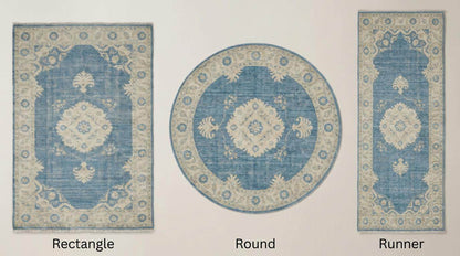 Hand Knotted Oushak Wool Rug 6x9 8x10 9x12, Vintage Blue Medallion Area Rug, Soft Turkish Style Living Room Carpet, Handmade Floral Rug