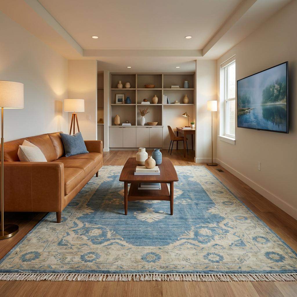 Handmade floral border Oushak rug in faded denim blue and cream tones for living room décor
