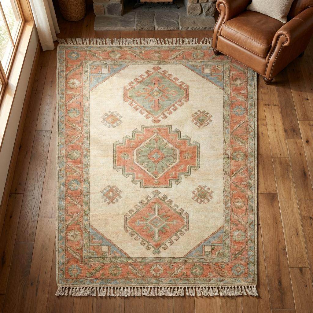 Hand Knotted Oushak 6x9 8x10 9x12 10x14 Rug Ivory Terracotta Geometric Medallion Living Room Wool Area Rug __etsy:7779016711