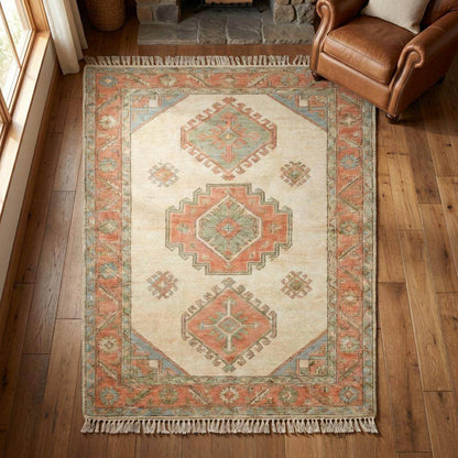 Hand Knotted Oushak 6x9 8x10 9x12 10x14 Rug Ivory Terracotta Geometric Medallion Living Room Wool Area Rug __etsy:7779016711