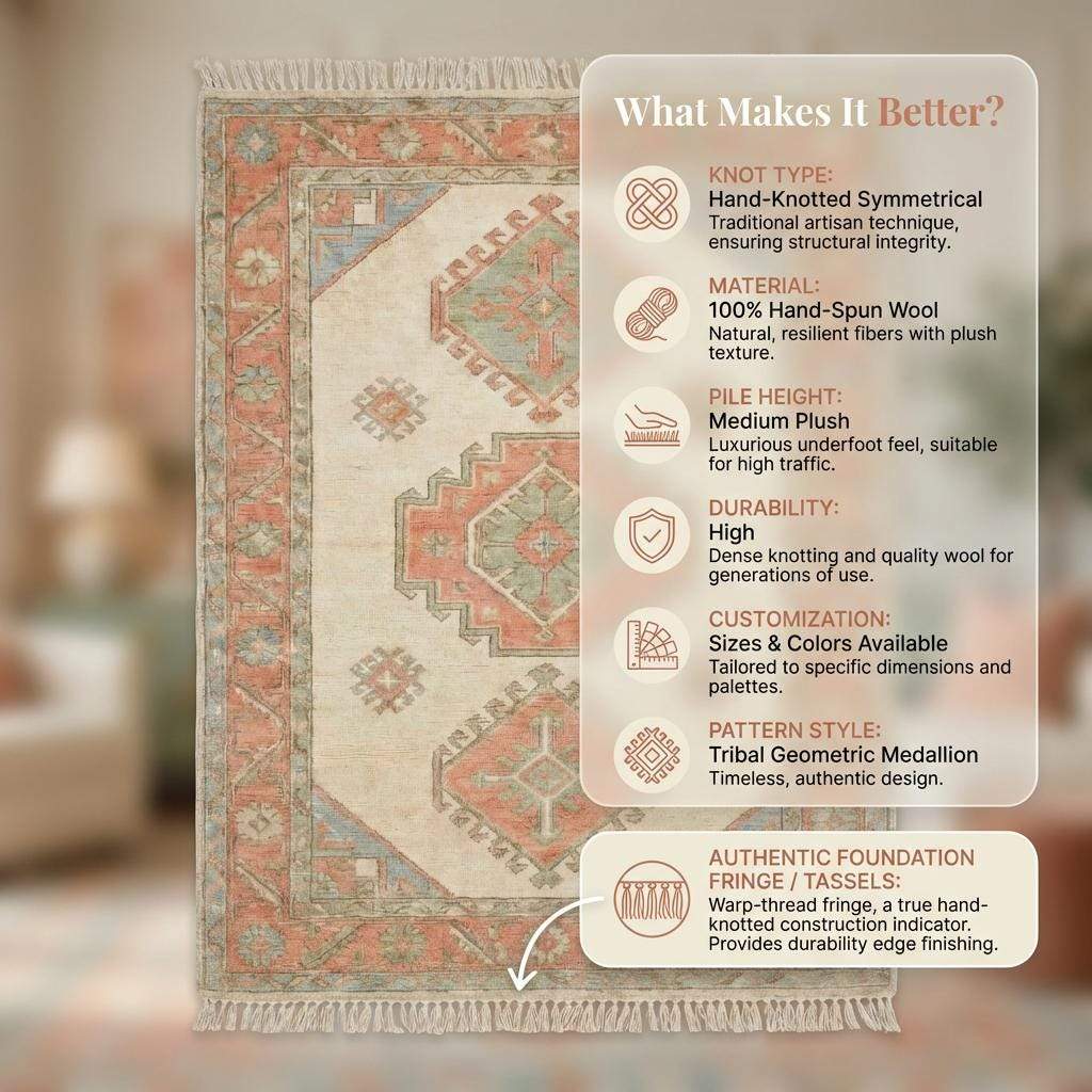 Hand Knotted Oushak 6x9 8x10 9x12 10x14 Rug Ivory Terracotta Geometric Medallion Living Room Wool Area Rug __etsy:7779016979