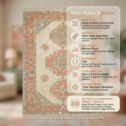 Hand Knotted Oushak 6x9 8x10 9x12 10x14 Rug Ivory Terracotta Geometric Medallion Living Room Wool Area Rug __etsy:7779016979