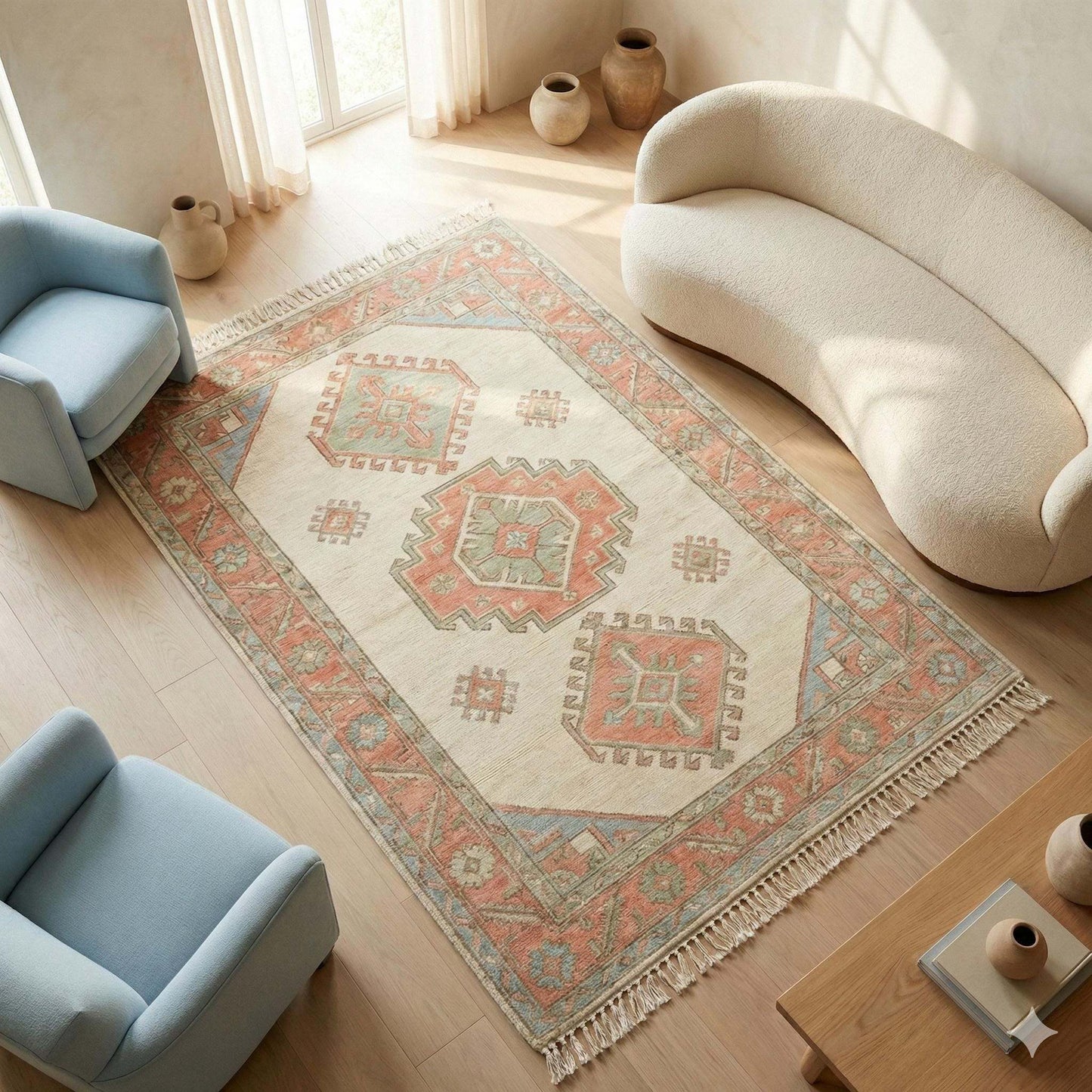Hand knotted Oushak rug in ivory with terracotta geometric medallions placed in modern living room __etsy:7779017333