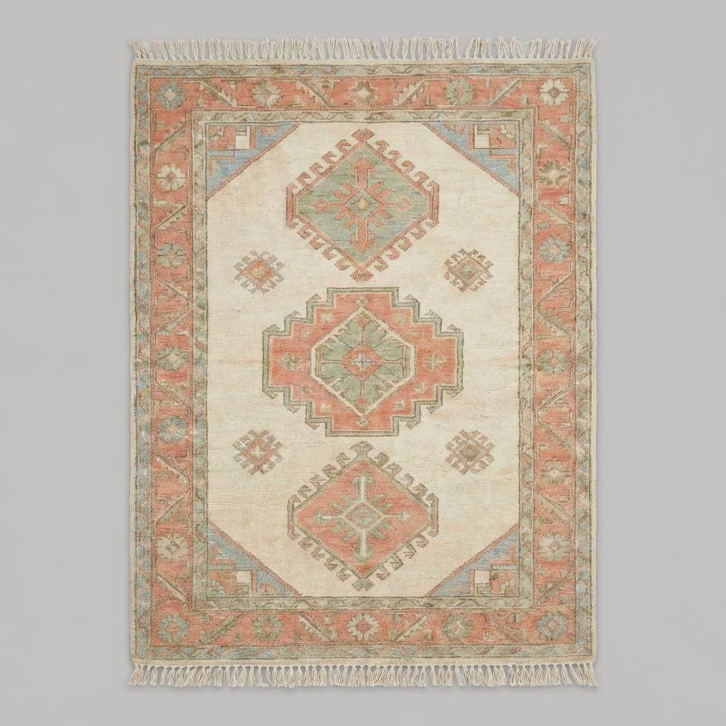 Traditional Oushak wool area rug with coral and sage border detailing on light wood flooring __etsy:7779016117