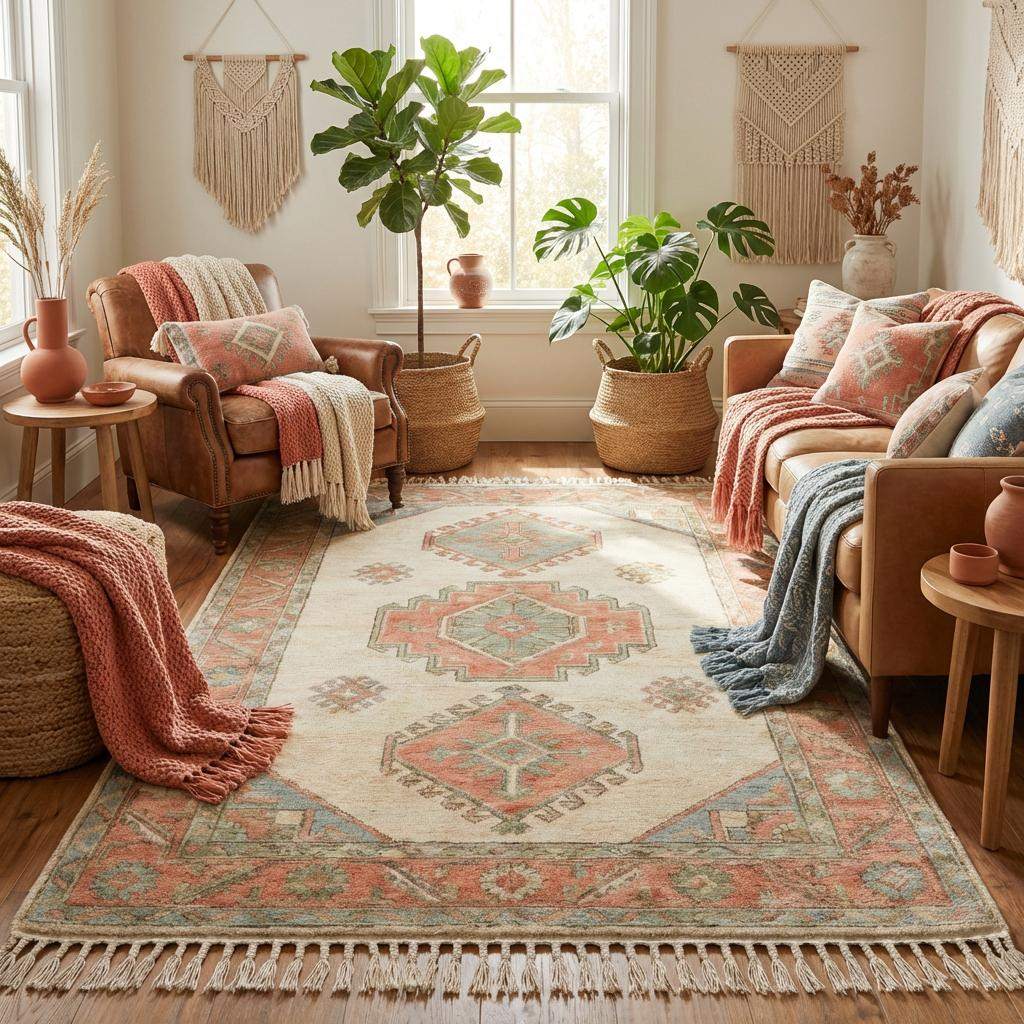 Ivory medallion wool rug styled between curved cream sofa and blue accent chairs __etsy:7779016251