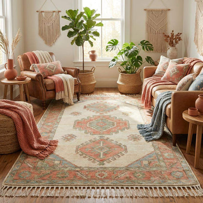 Ivory medallion wool rug styled between curved cream sofa and blue accent chairs __etsy:7779016251