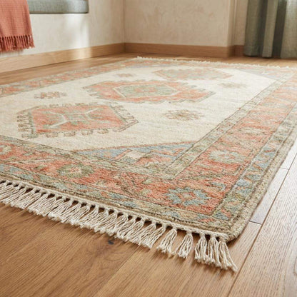 Turkish style hand knotted rug with geometric border and artisan fringe detail __etsy:7731068824