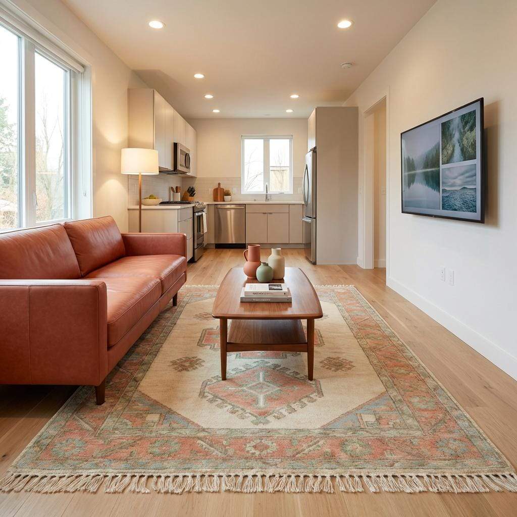 Neutral ivory wool living room rug with terracotta and muted green accents in sunlit interior __etsy:7731068776