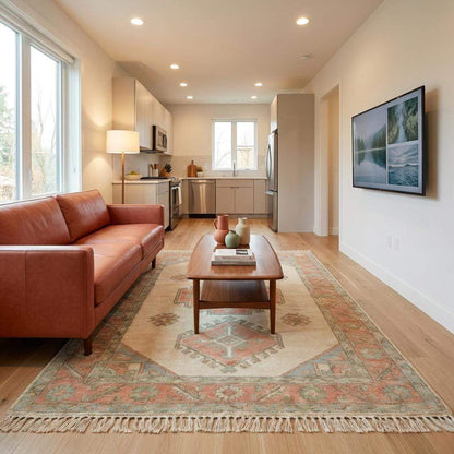 Neutral ivory wool living room rug with terracotta and muted green accents in sunlit interior __etsy:7731068776