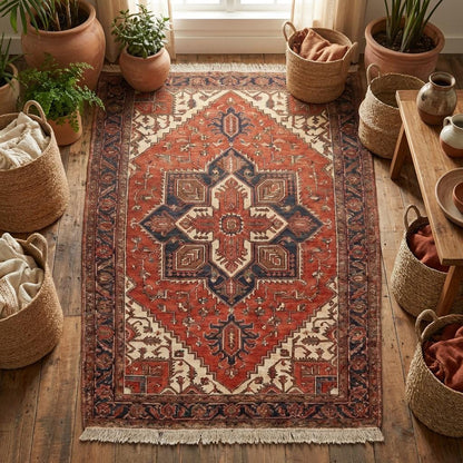 Rust red and navy hand knotted wool rug styled in living room