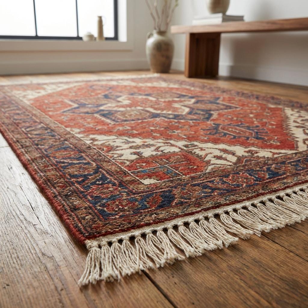 Artisan handmade Persian style medallion wool carpet detail