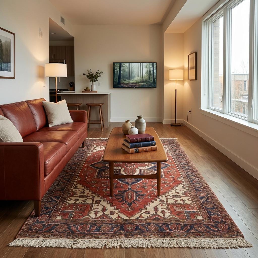 Authentic hand knotted heritage rug with ivory and brown accents