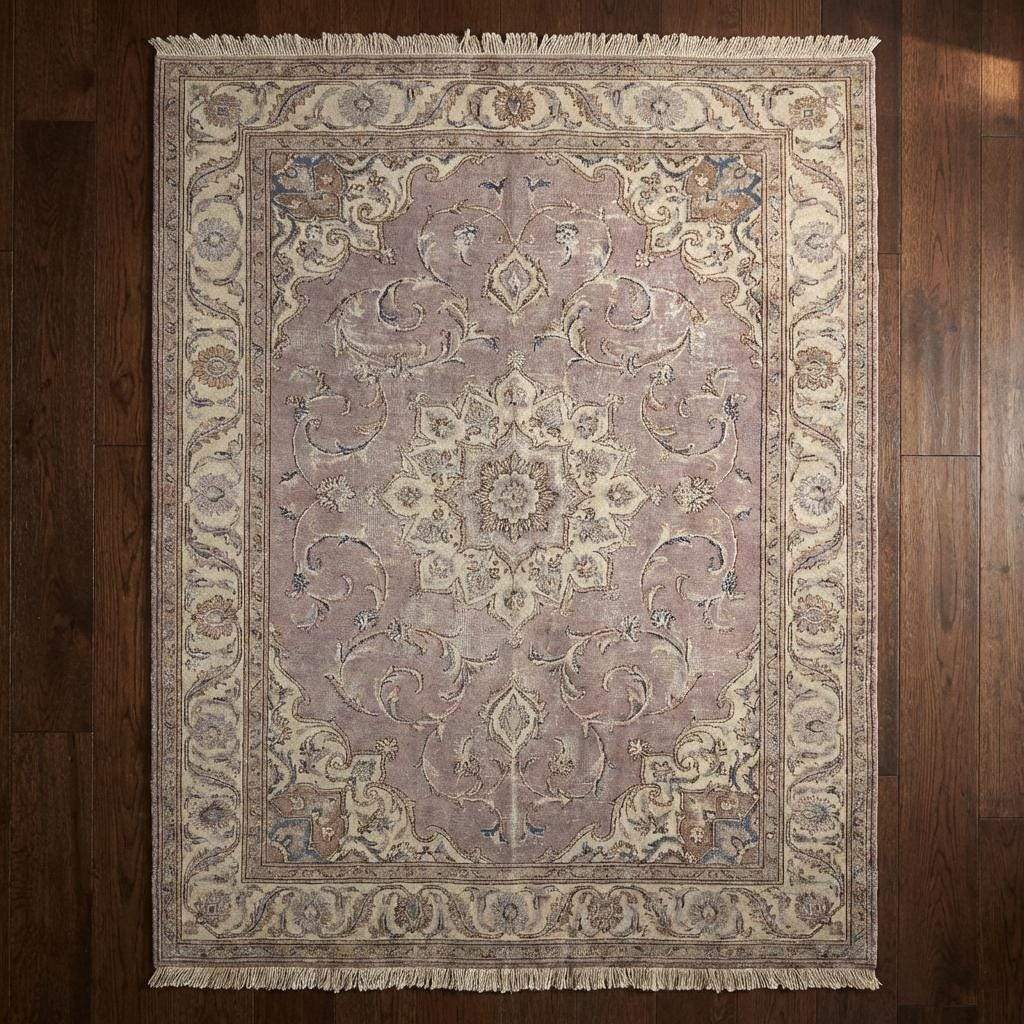 Hand Knotted Persian Medallion Wool Area Rug in Soft Lavender Tones
