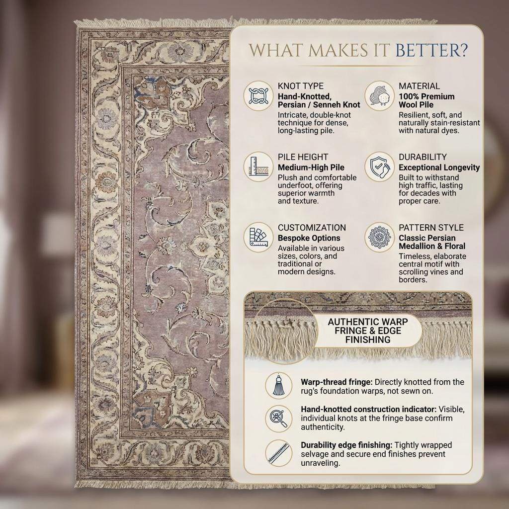 Hand Knotted Persian Medallion Wool Area Rug in Soft Lavender Tones