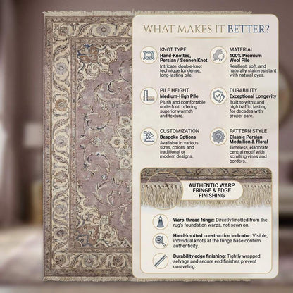 Hand Knotted Persian Medallion Wool Area Rug in Soft Lavender Tones