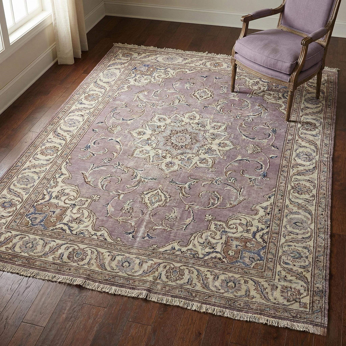 Hand knotted Persian medallion wool area rug in soft lavender with intricate floral design and durable craftsmanship