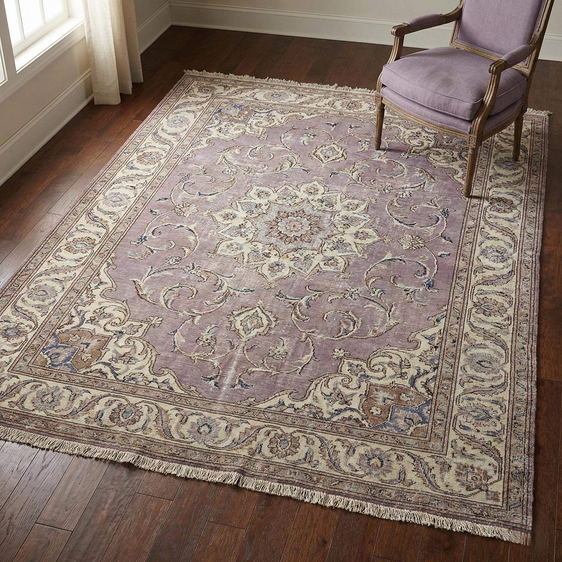 Hand knotted Persian medallion wool area rug in soft lavender with intricate floral design and durable craftsmanship