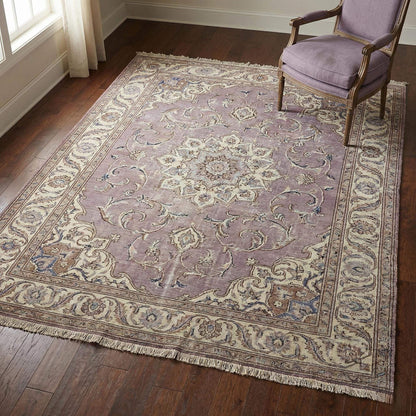 Hand knotted Persian medallion wool area rug in soft lavender with intricate floral design and durable craftsmanship