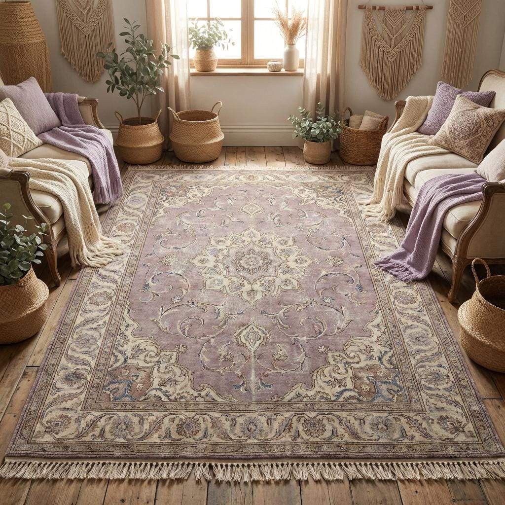 Lavender hand knotted wool rug highlighting intricate floral patterns and classic symmetry