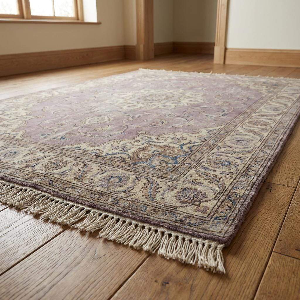 Artisan made Persian wool area rug with muted purple background and ivory detailing
