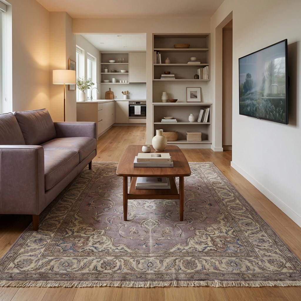 Hand Knotted Persian Medallion Wool Area Rug in Soft Lavender Tones