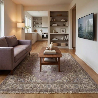 Hand Knotted Persian Medallion Wool Area Rug in Soft Lavender Tones