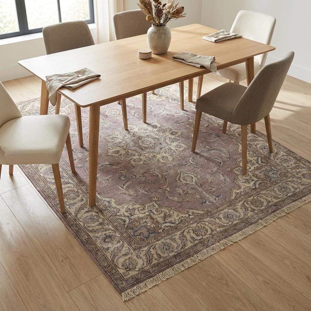 Hand Knotted Persian Medallion Wool Area Rug in Soft Lavender Tones