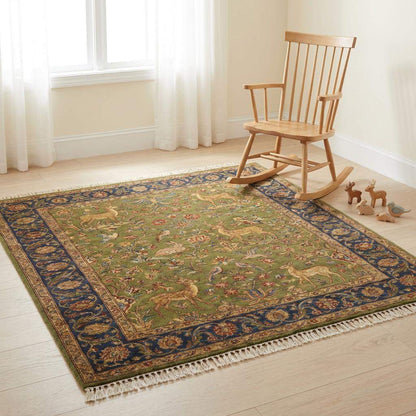 Hand knotted Persian style green wool area rug with deer and floral border