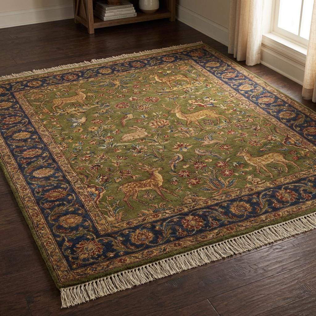 Hand knotted Persian style green wool rug with deer and floral border