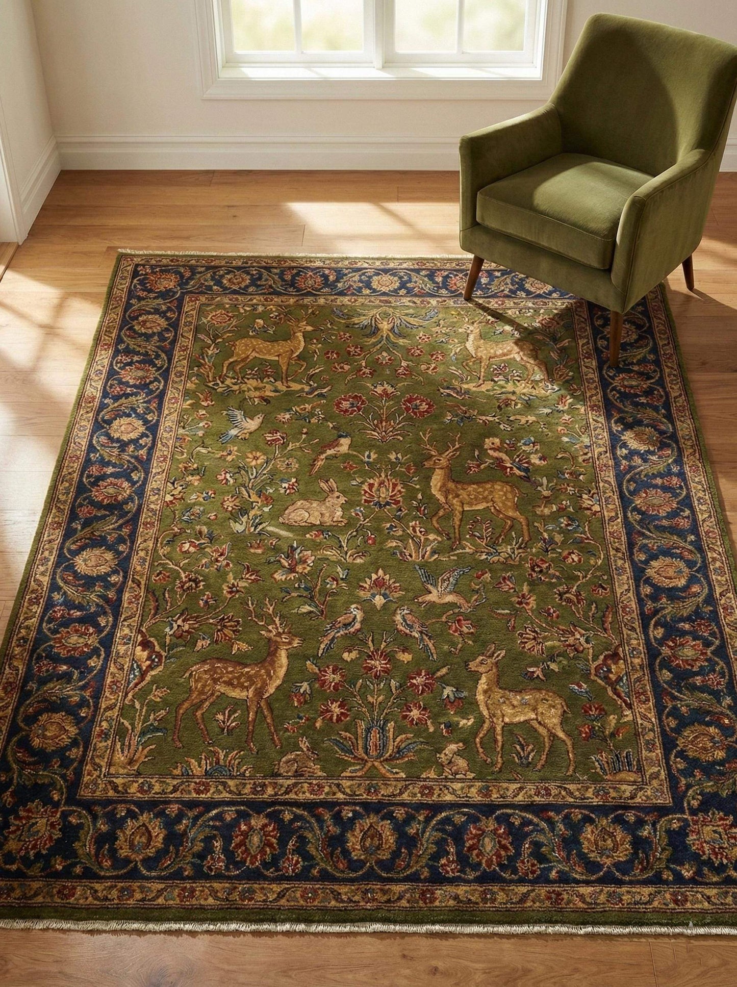 Hand knotted Persian style green wool area rug with deer and floral border