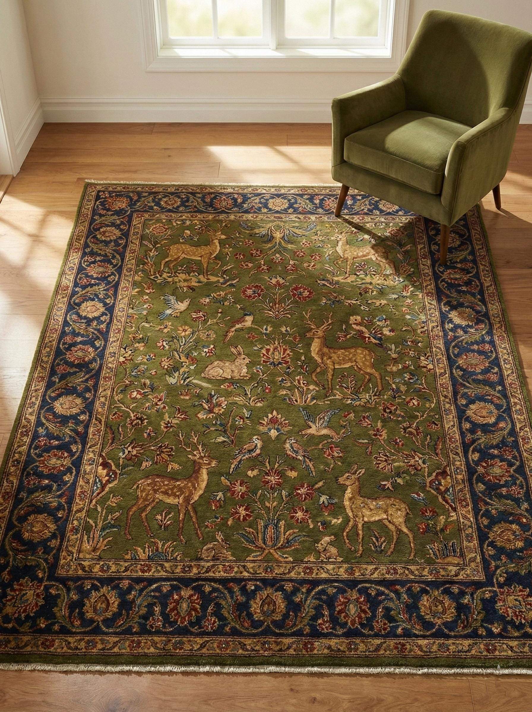 Hand knotted Persian style green wool area rug with deer and floral border