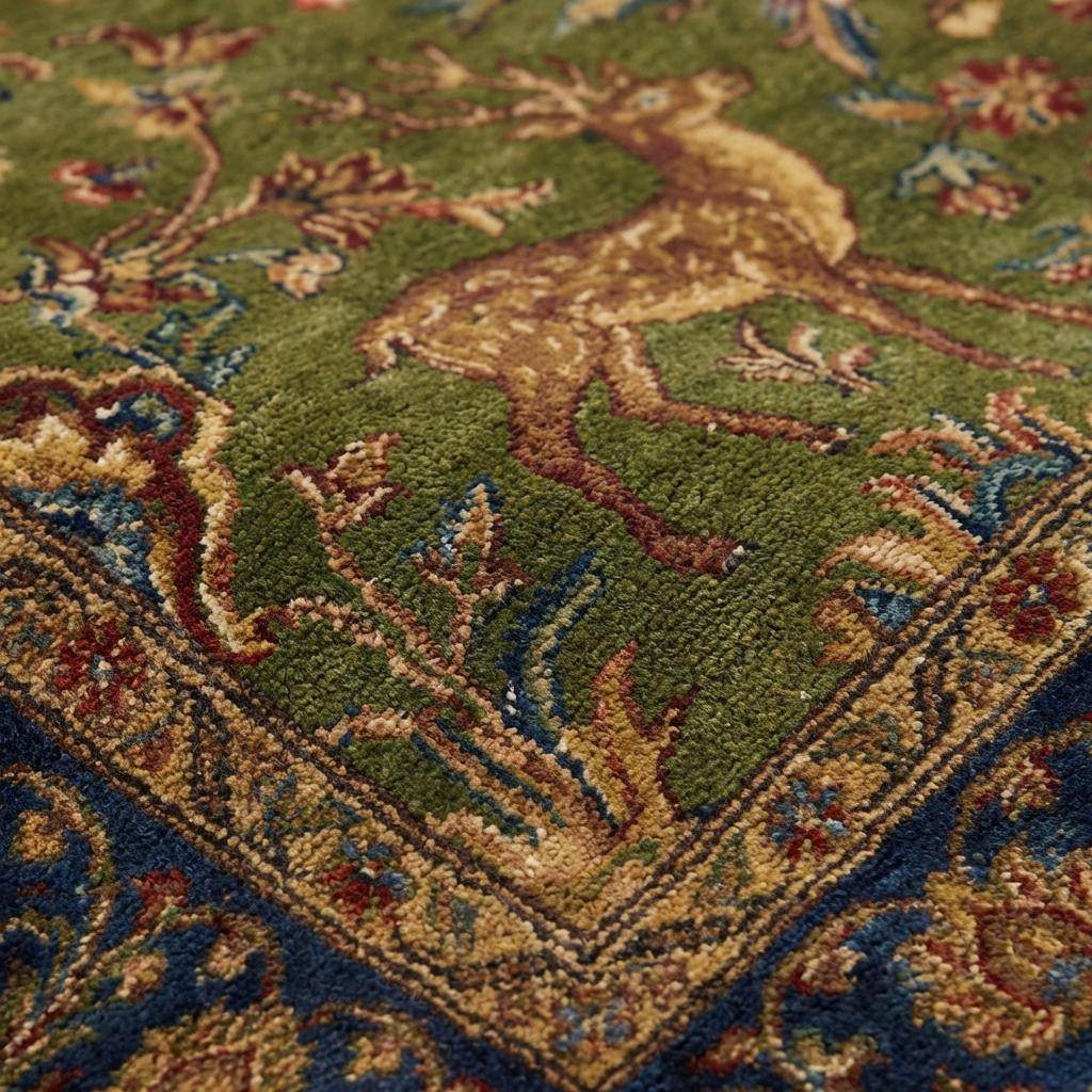 Hand knotted Persian style green wool area rug with deer and floral border design