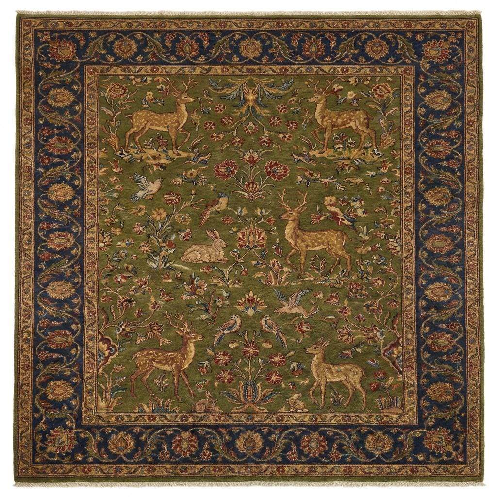 Hand knotted Persian style green wool area rug with deer and floral border