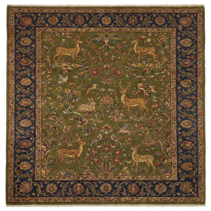 Hand knotted Persian style green wool area rug with deer and floral border