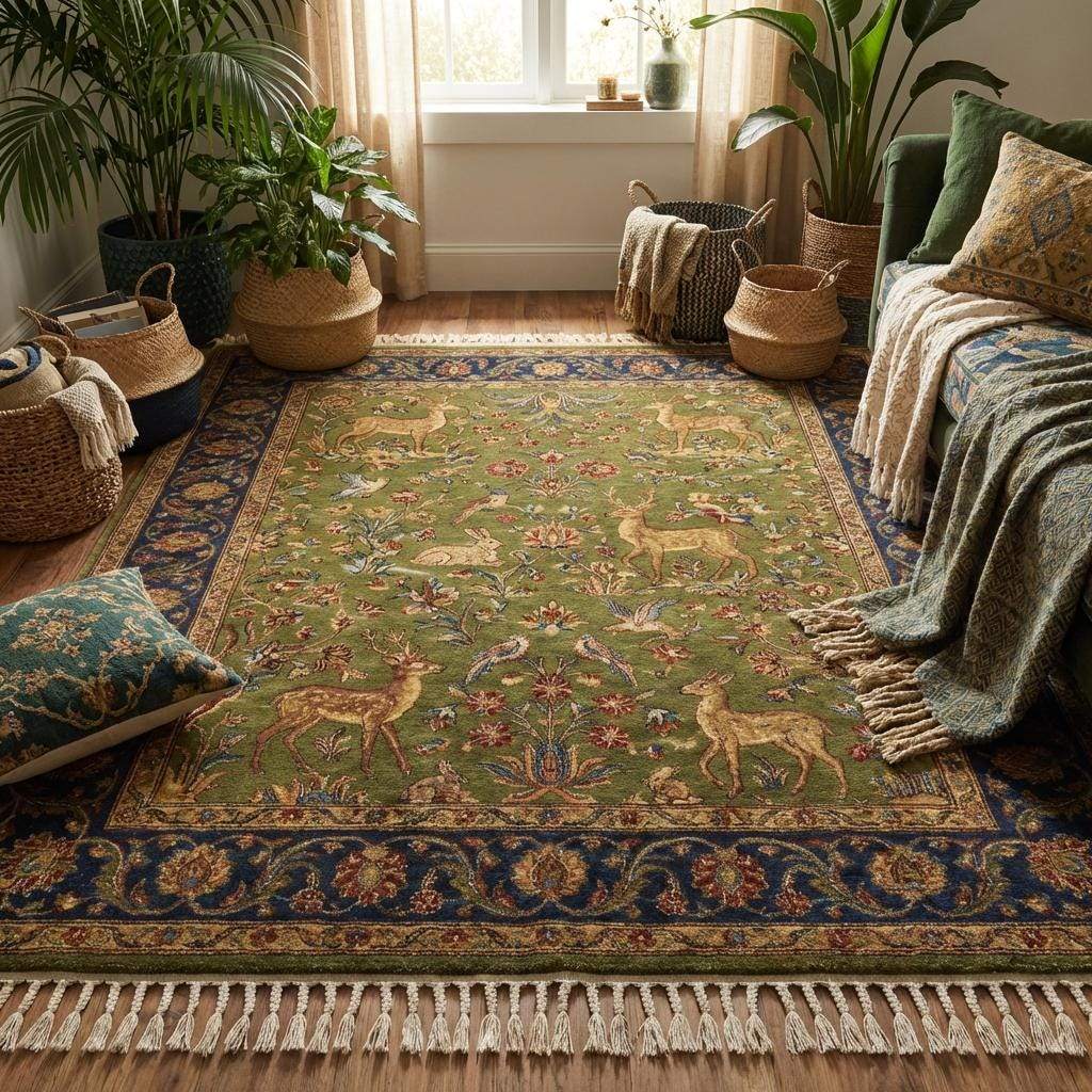 Hand knotted Persian style green wool rug with deer and floral border