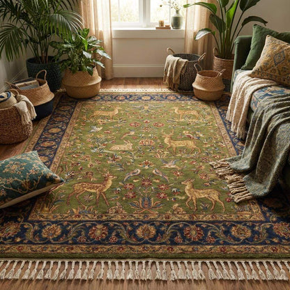 Hand knotted Persian style green wool rug with deer and floral border