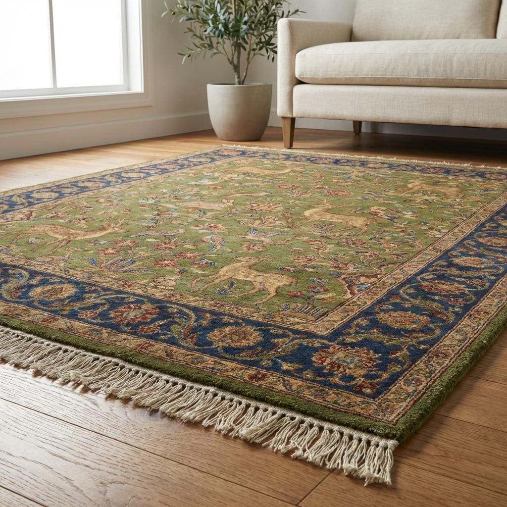 Hand knotted Persian style green wool rug with deer and floral border