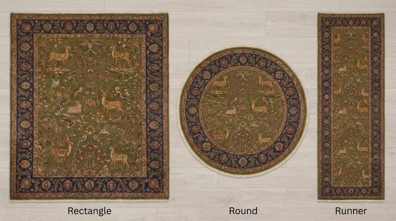 Hand knotted Persian style green wool rug with deer and floral border