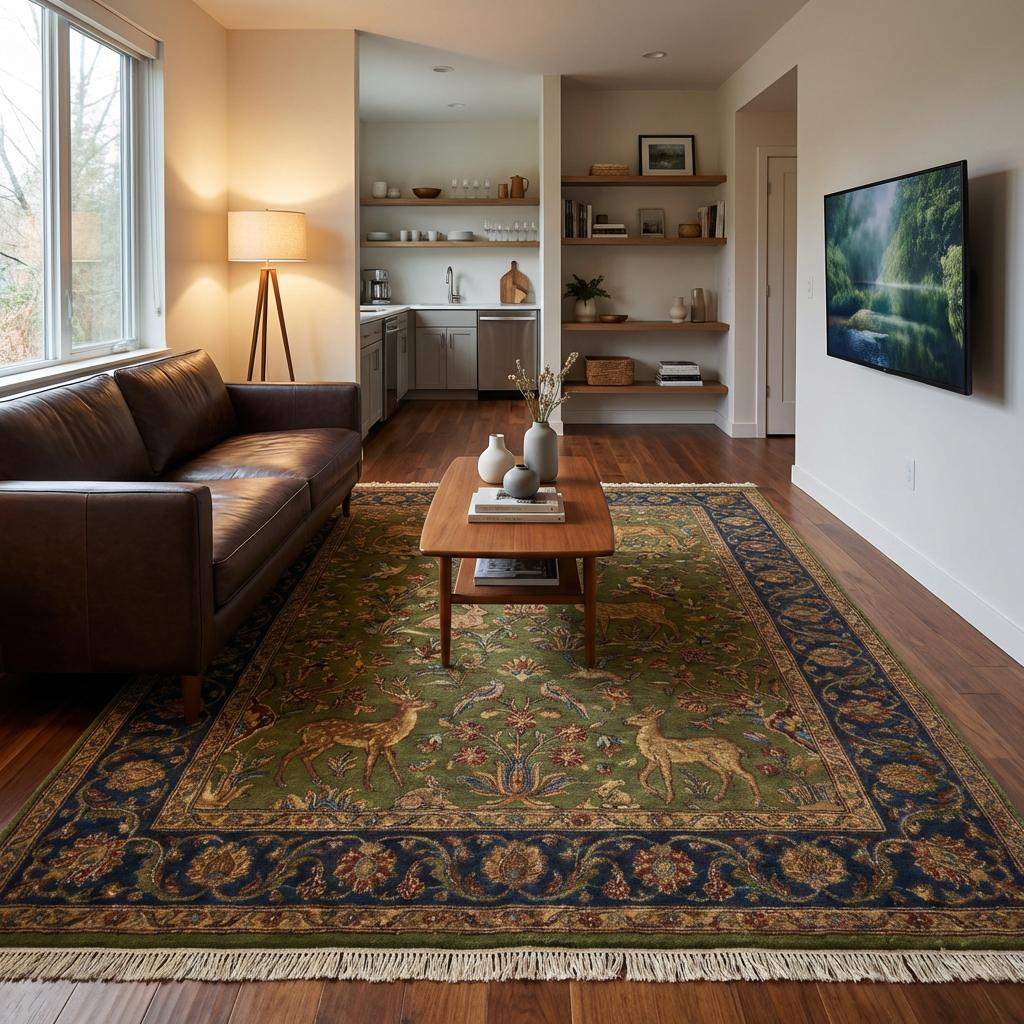 Hand knotted Persian style green wool rug with deer and floral border