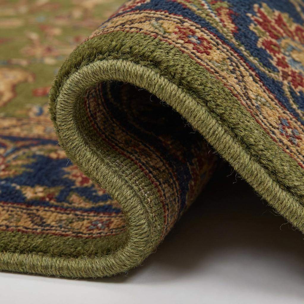 Hand knotted Persian style green wool area rug with deer and floral border