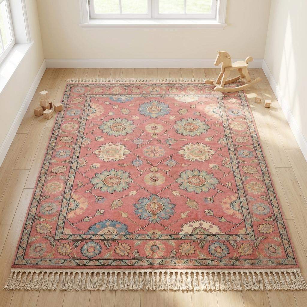 Artisan handmade Oushak carpet with vintage-inspired Turkish floral design and soft distressed color palette __etsy:8071434896