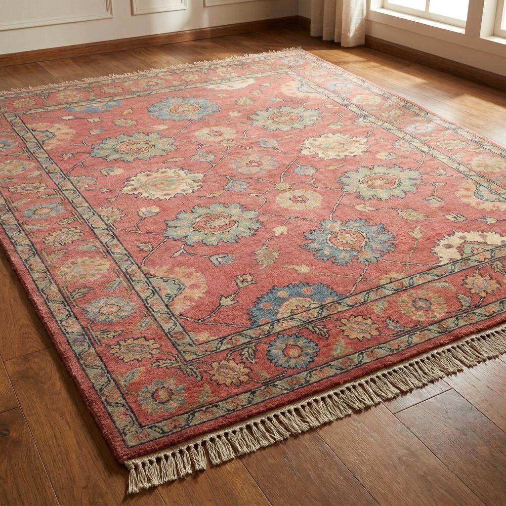 Hand Knotted Pink Oushak Rug, Floral Area Carpet for Living Room, Vintage Turkish Style Wool Rug __etsy:8119356413