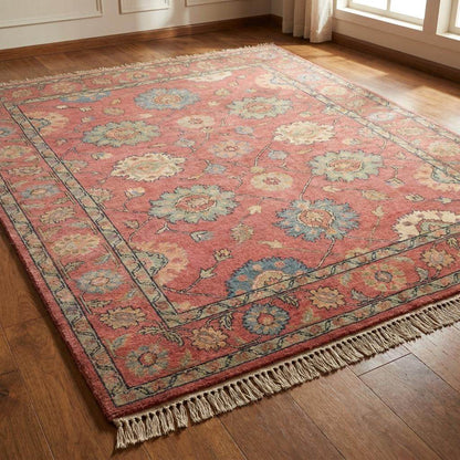 Hand Knotted Pink Oushak Rug, Floral Area Carpet for Living Room, Vintage Turkish Style Wool Rug __etsy:8119356413