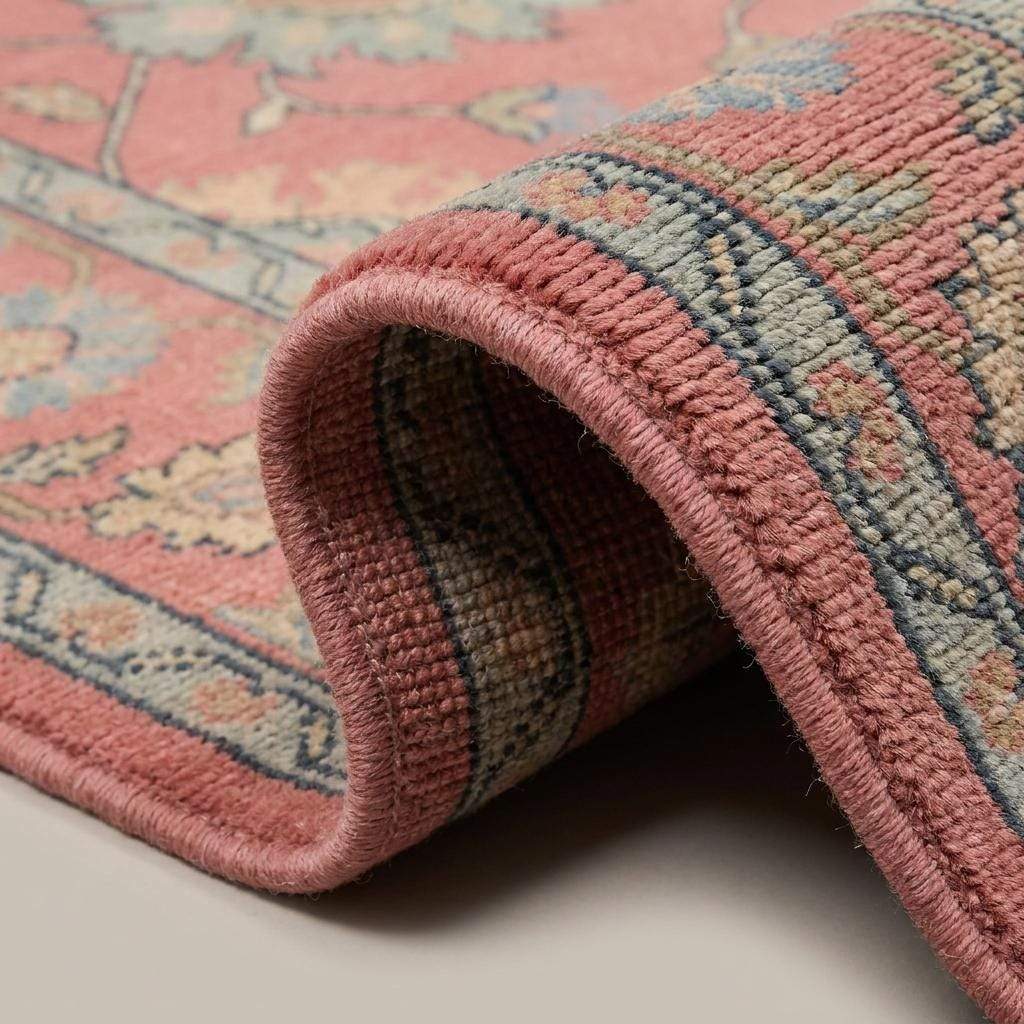 Close-up of handmade wool pile showing hand-knotted texture, soft fibers, detailed floral motifs, and low pile construction __etsy:8071434880
